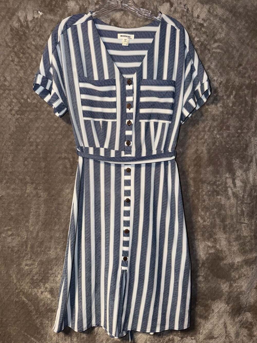 Monteau Los Angeles Blue and White Striped Button-Front Belted Midi Dress Size L